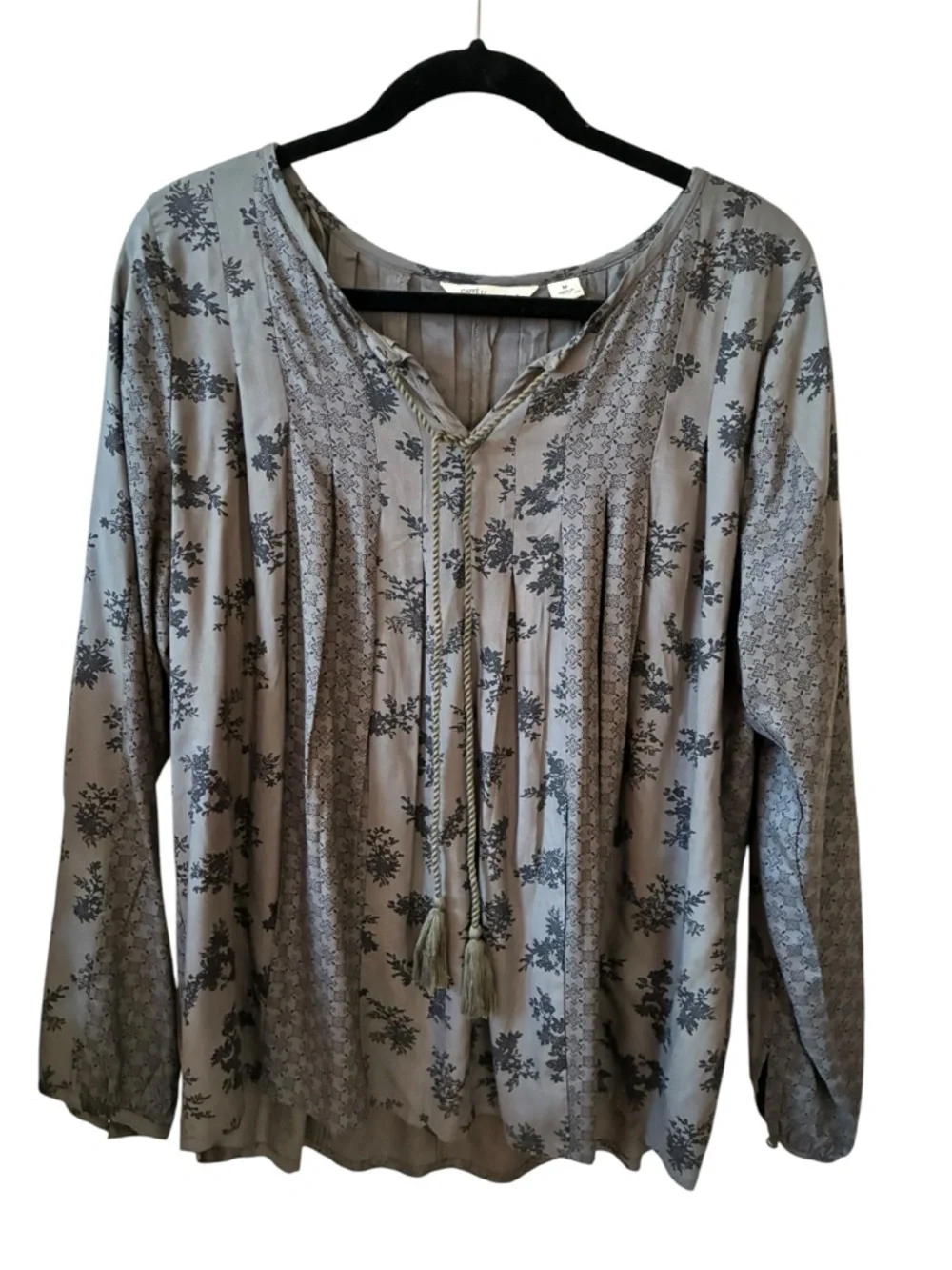 Gray Bohemian Floral Tassel Tie Peasant Blouse - Picture 1 of 5